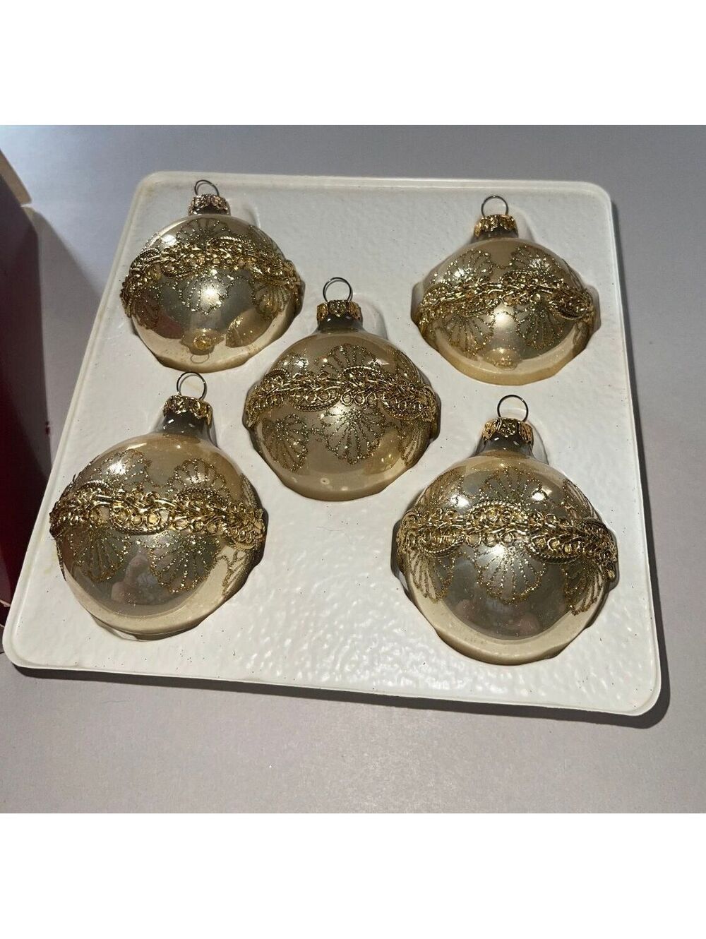 Set of 5 Vintage Rauch Gold Glass Christmas Ornaments with Decorative Glitter